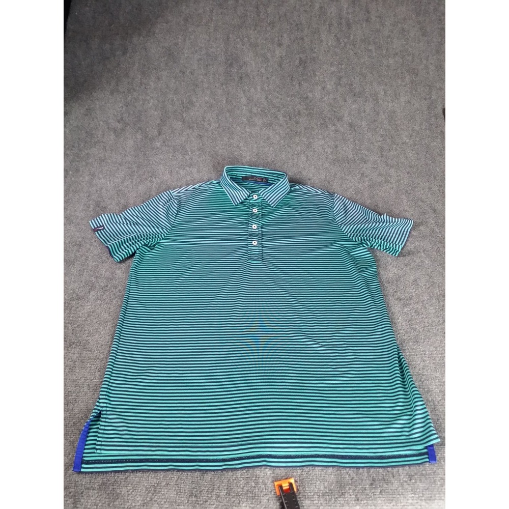 RLX Ralph Lauren Polo Shirt Mens‎ M Green Teal Striped Luxury Golf Short Sleeve